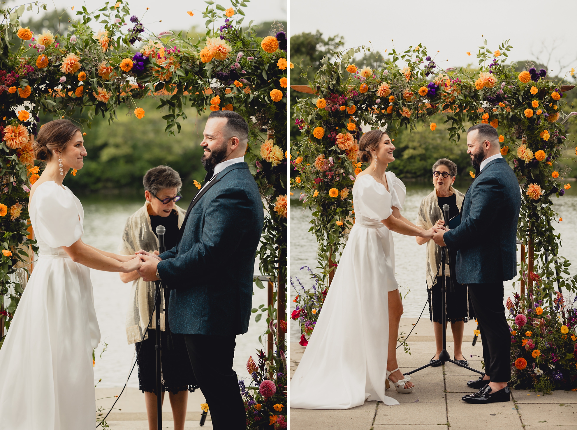 bride and groom hold hands and laugh in front of floral chuppa during wedding ceremony at the Terrace at Marcy Casino in Buffalo, NY