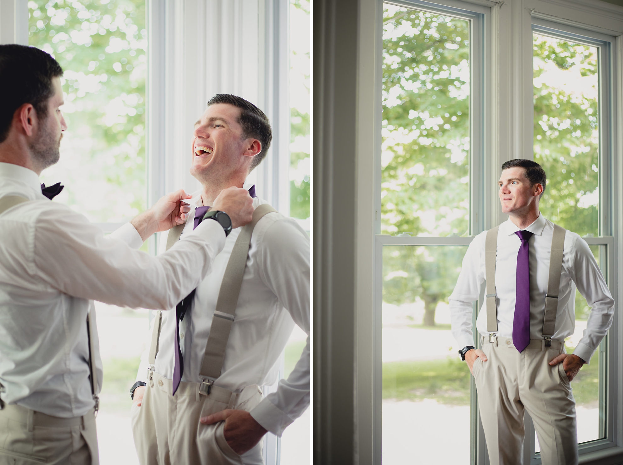 best man helps groom with tie in historic house at The Gallagher Barn in Medina, NY