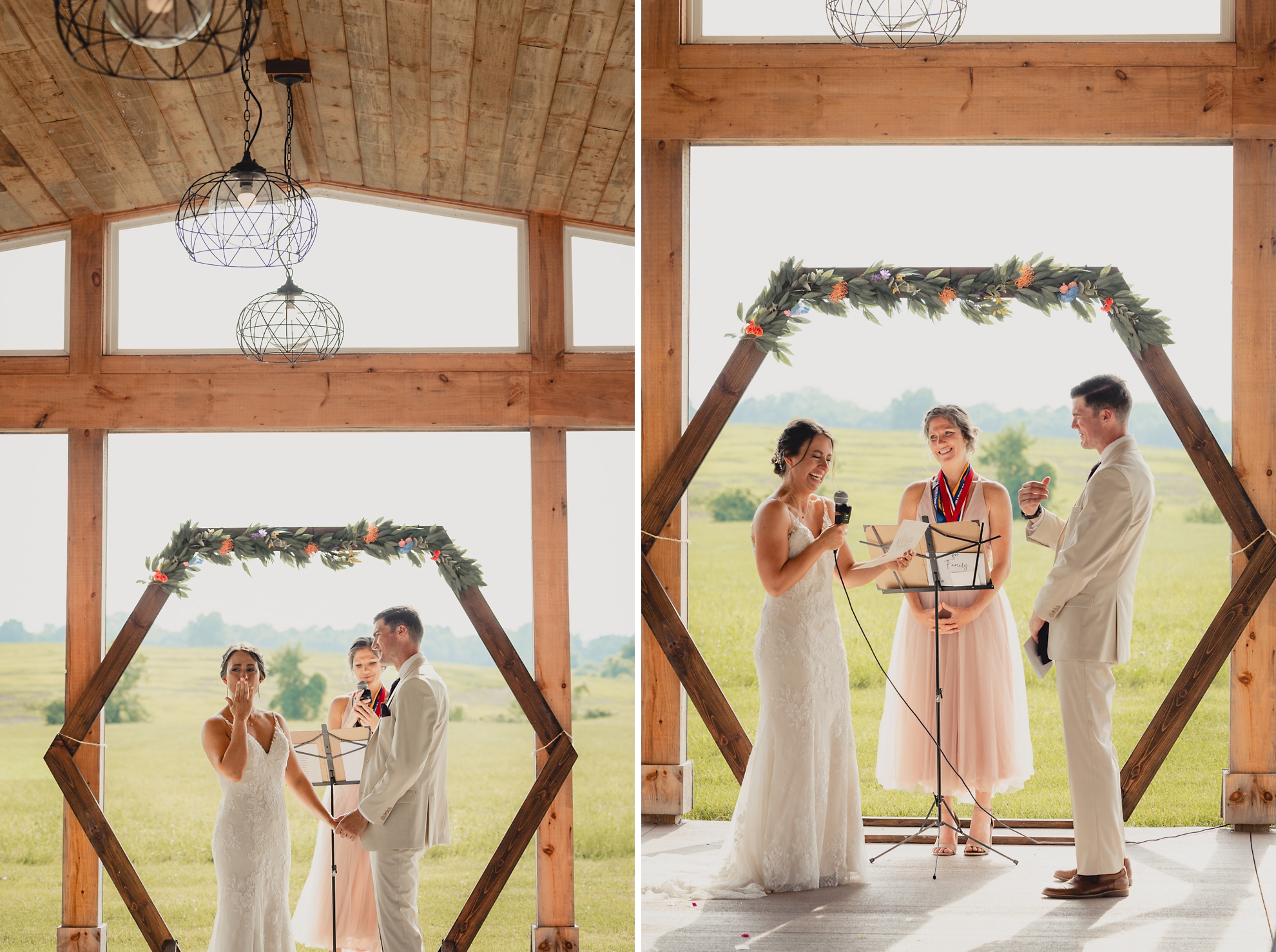 bride and groom cry while saying vows during wedding ceremony at The Gallagher Barn in Medina, NY