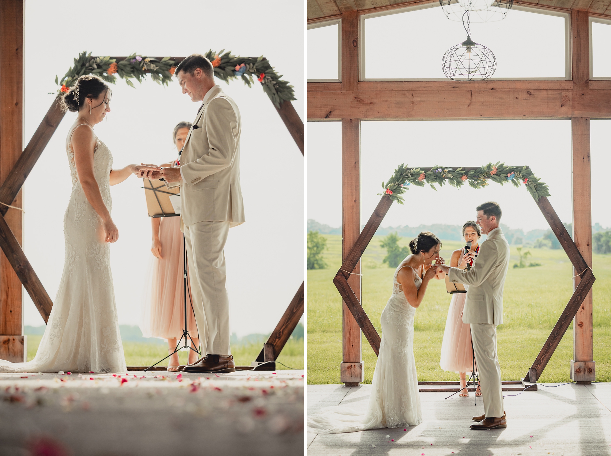 bride and groom place rings on each others fingers during wedding ceremony at The Gallagher Barn in Medina, NY