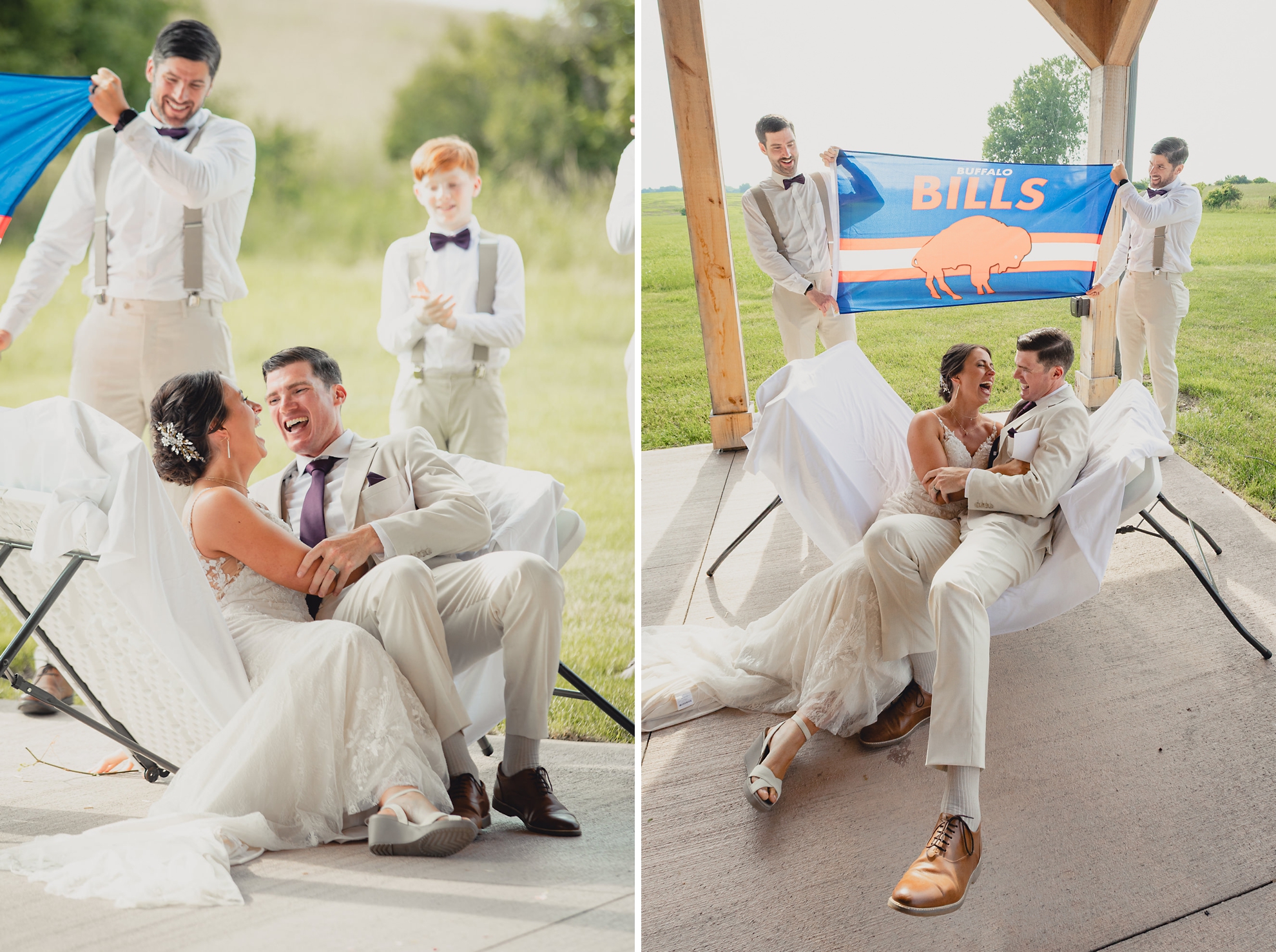 bride and groom jump through folding table in front of Buffalo Bills flag during wedding ceremony at The Gallagher Barn in Medina, NY
