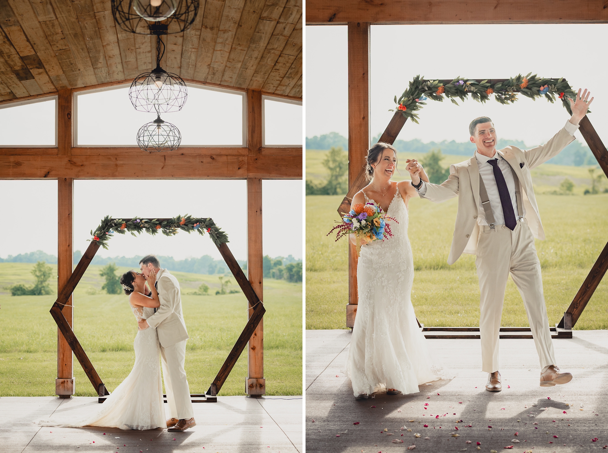 bride and groom share first kiss during wedding ceremony at The Gallagher Barn in Medina, NY
