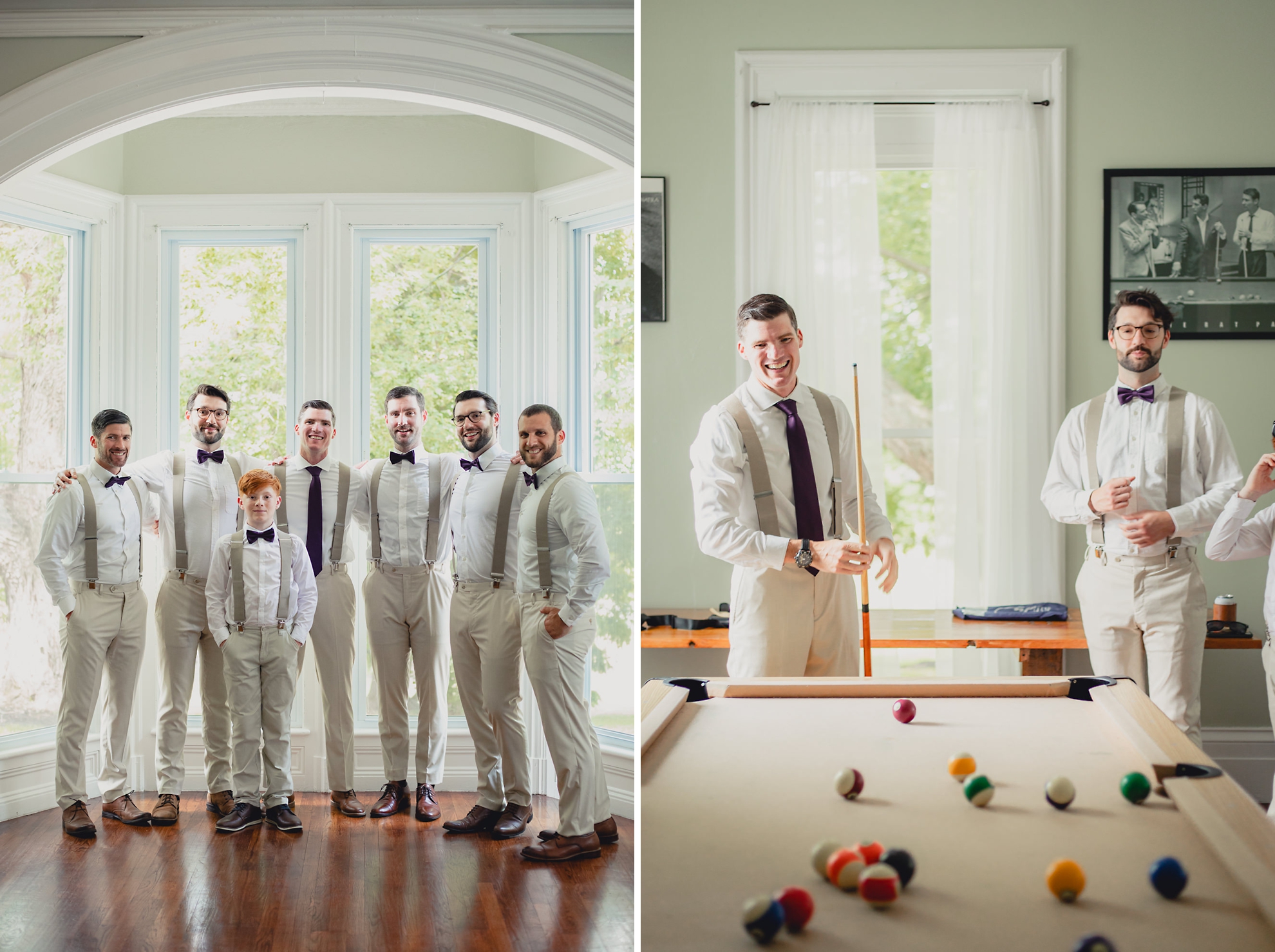 groomsmen pose for portrait and play pool in historic house at The Gallagher Barn in Medina, NY