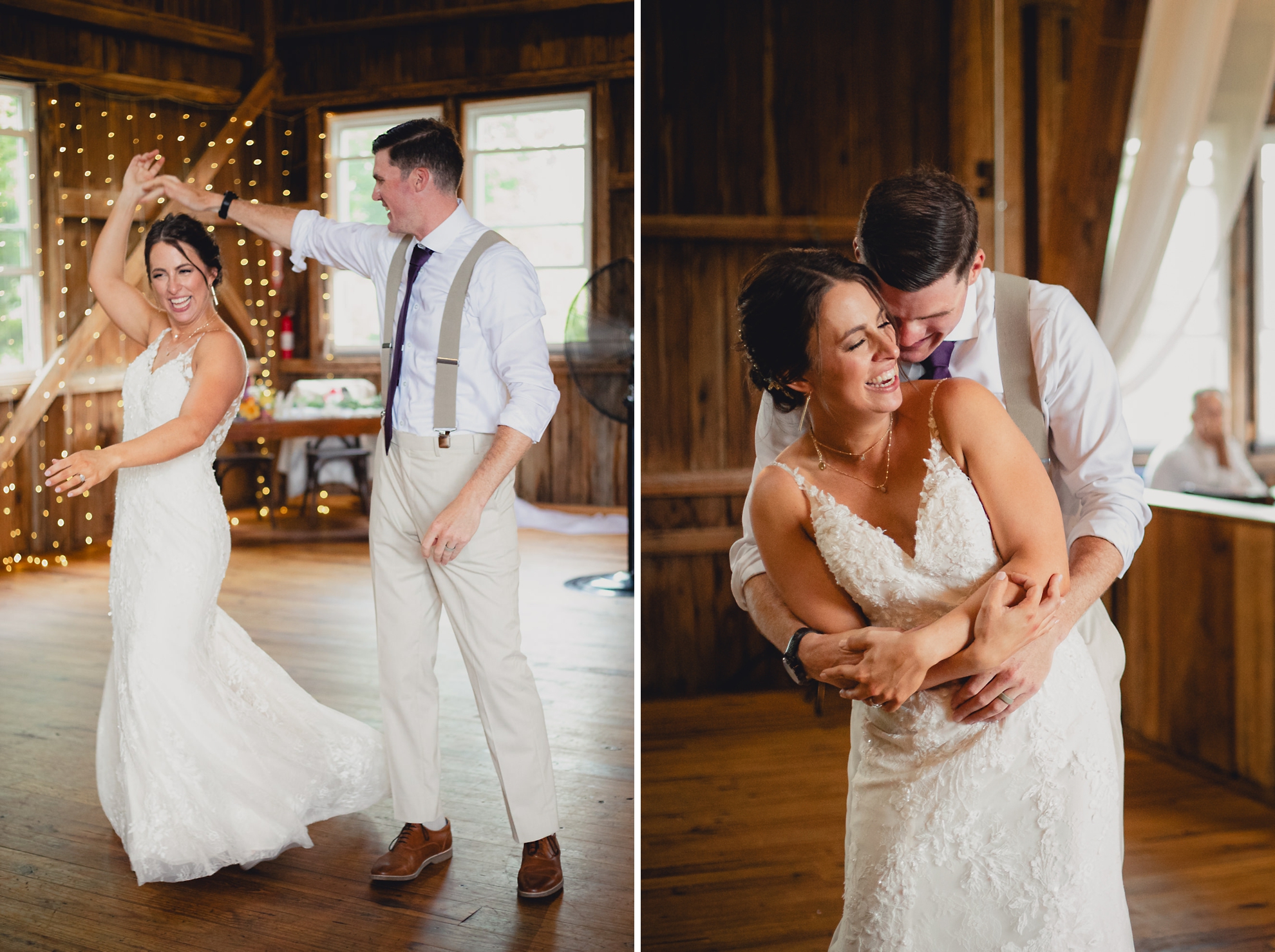bride and groom dance during wedding reception at The Gallagher Barn in Medina, NY
