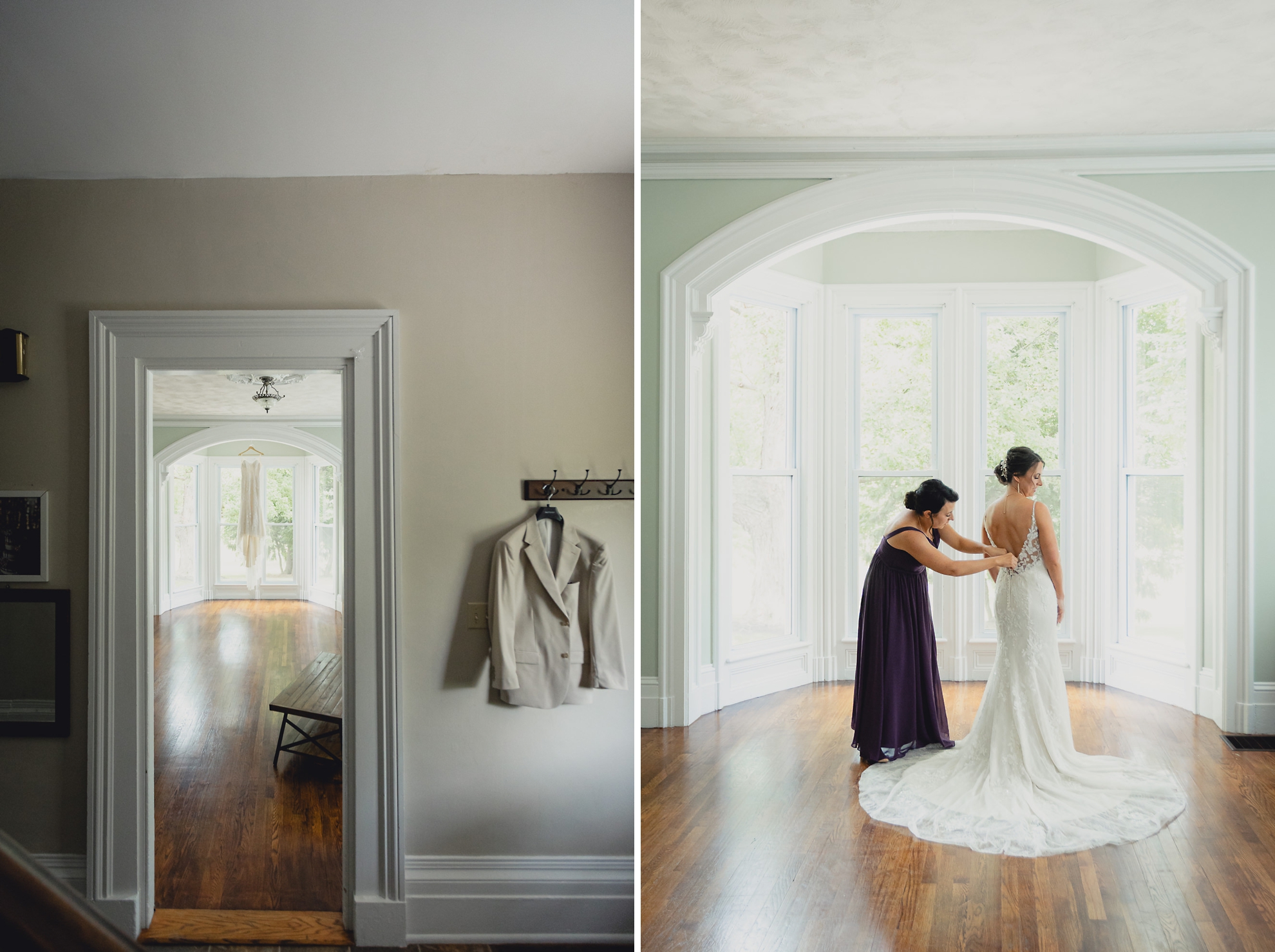 maid of honor helps bride with dress in historic house at The Gallagher Barn in Medina, NY