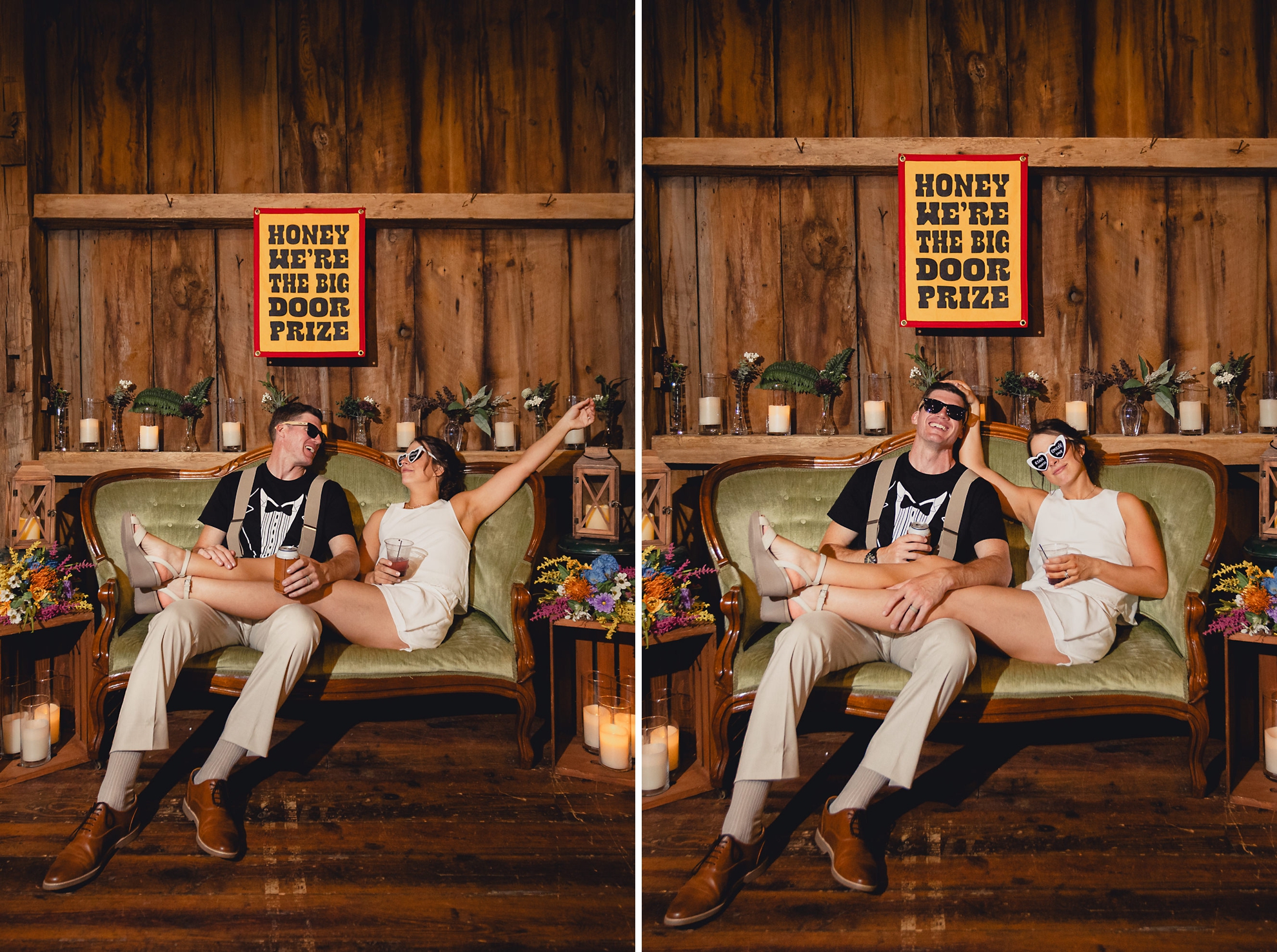 bride and groom pose for wedding photography portrait on couch during wedding reception at The Gallagher Barn in Medina, NY