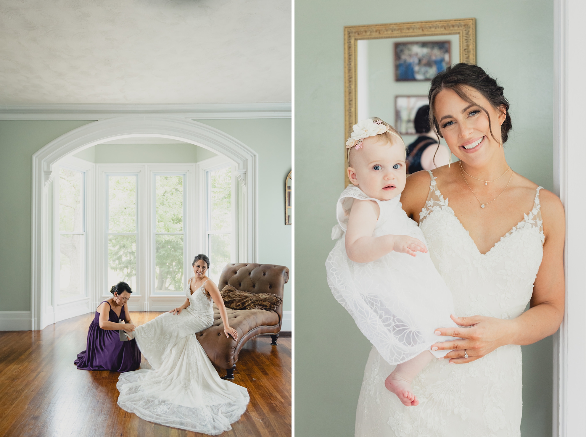 maid of honor helps bride with shoe in historic house at The Gallagher Barn in Medina, NY