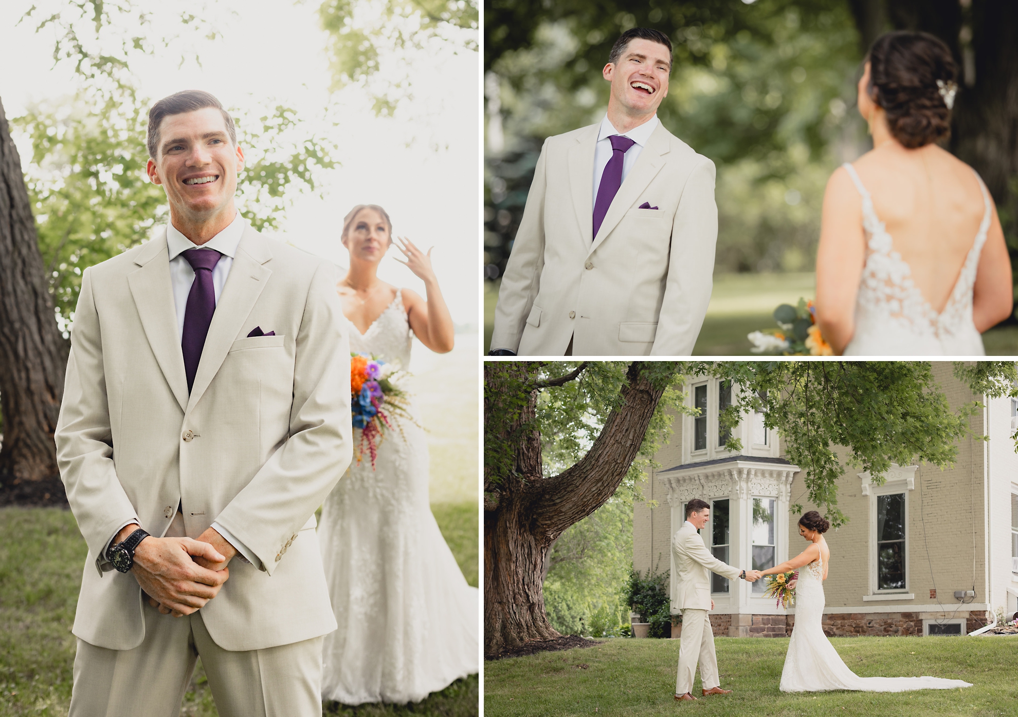 groom sees bride for first time outside historic house at The Gallagher Barn in Medina, NY