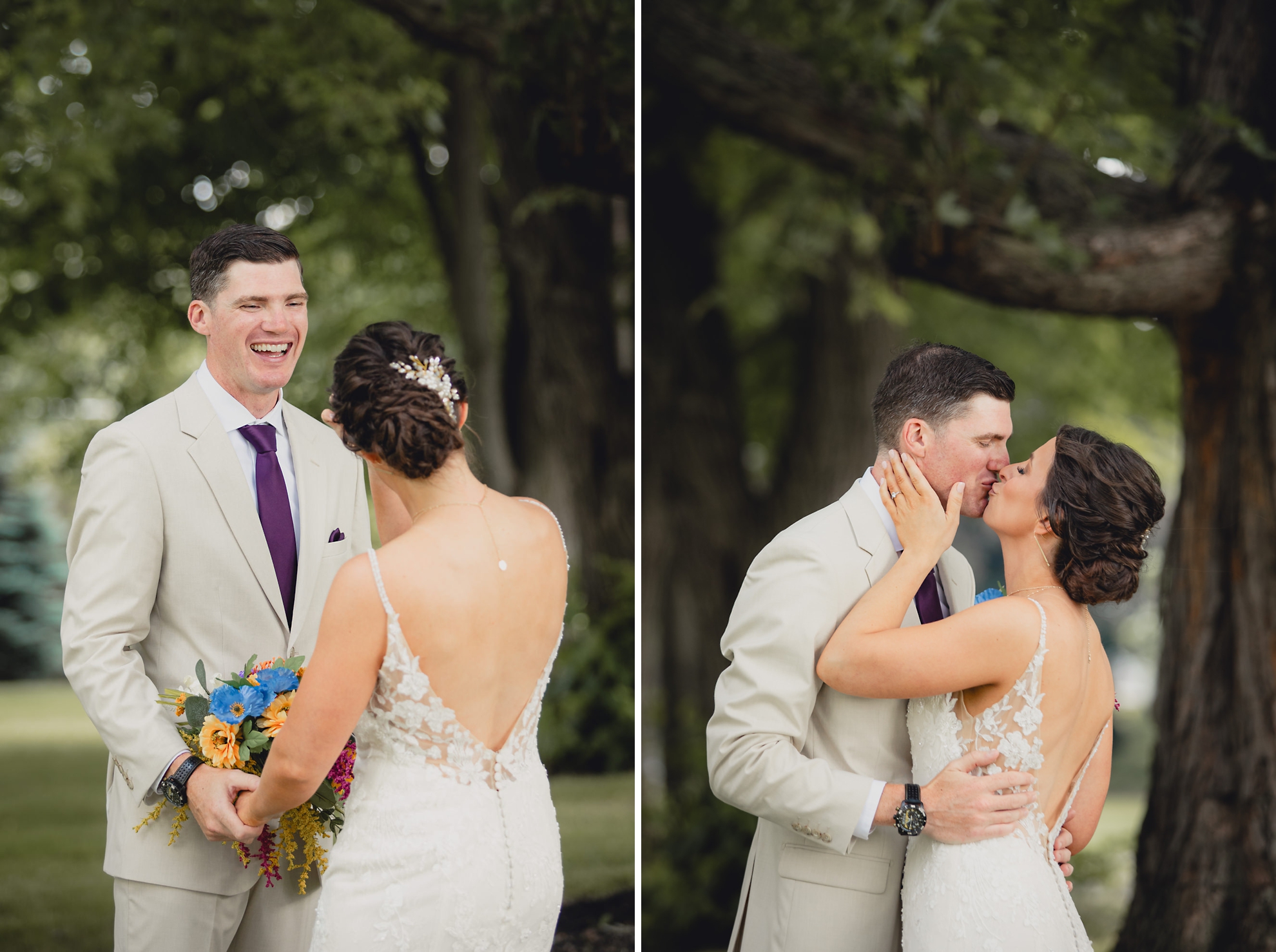 bride and groom kiss after first look outside historic house at The Gallagher Barn in Medina, NY