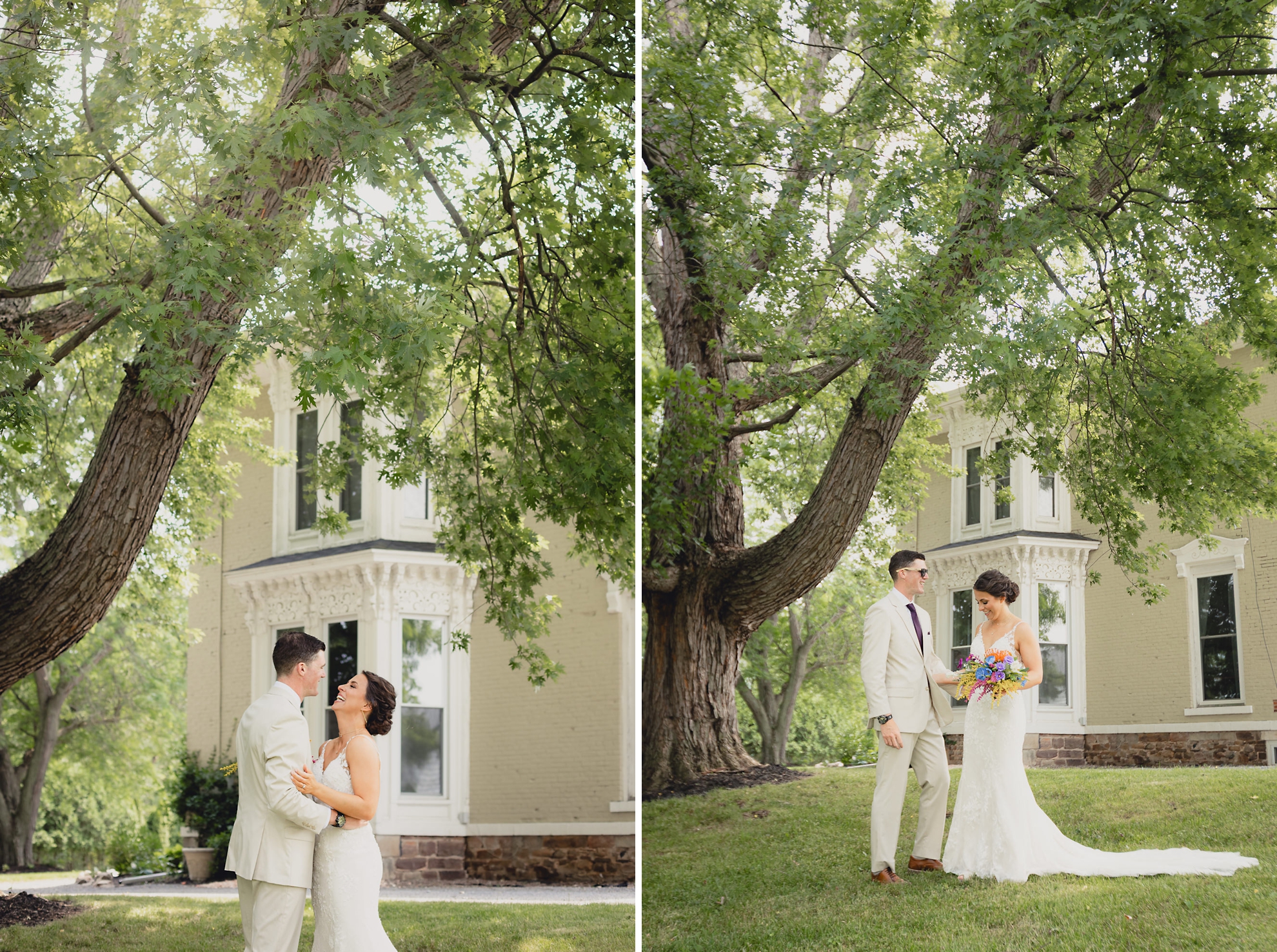bride and groom pose for wedding photography portrait outside historic house at The Gallagher Barn in Medina, NY