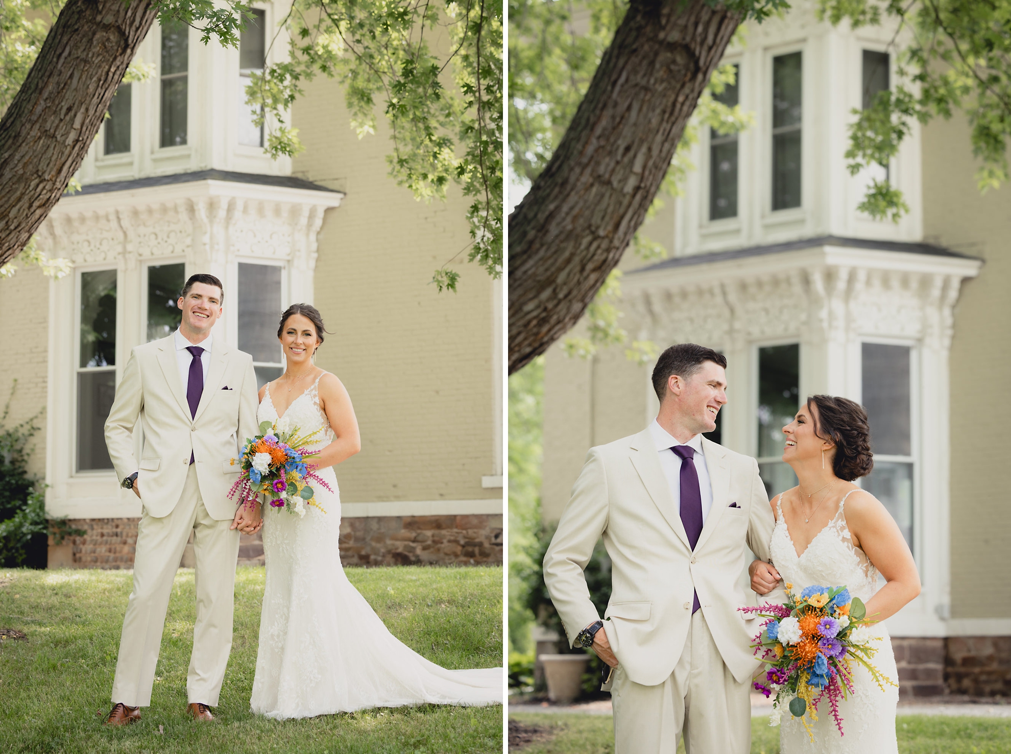 bride and groom pose for wedding photography portrait outside historic house at The Gallagher Barn in Medina, NY