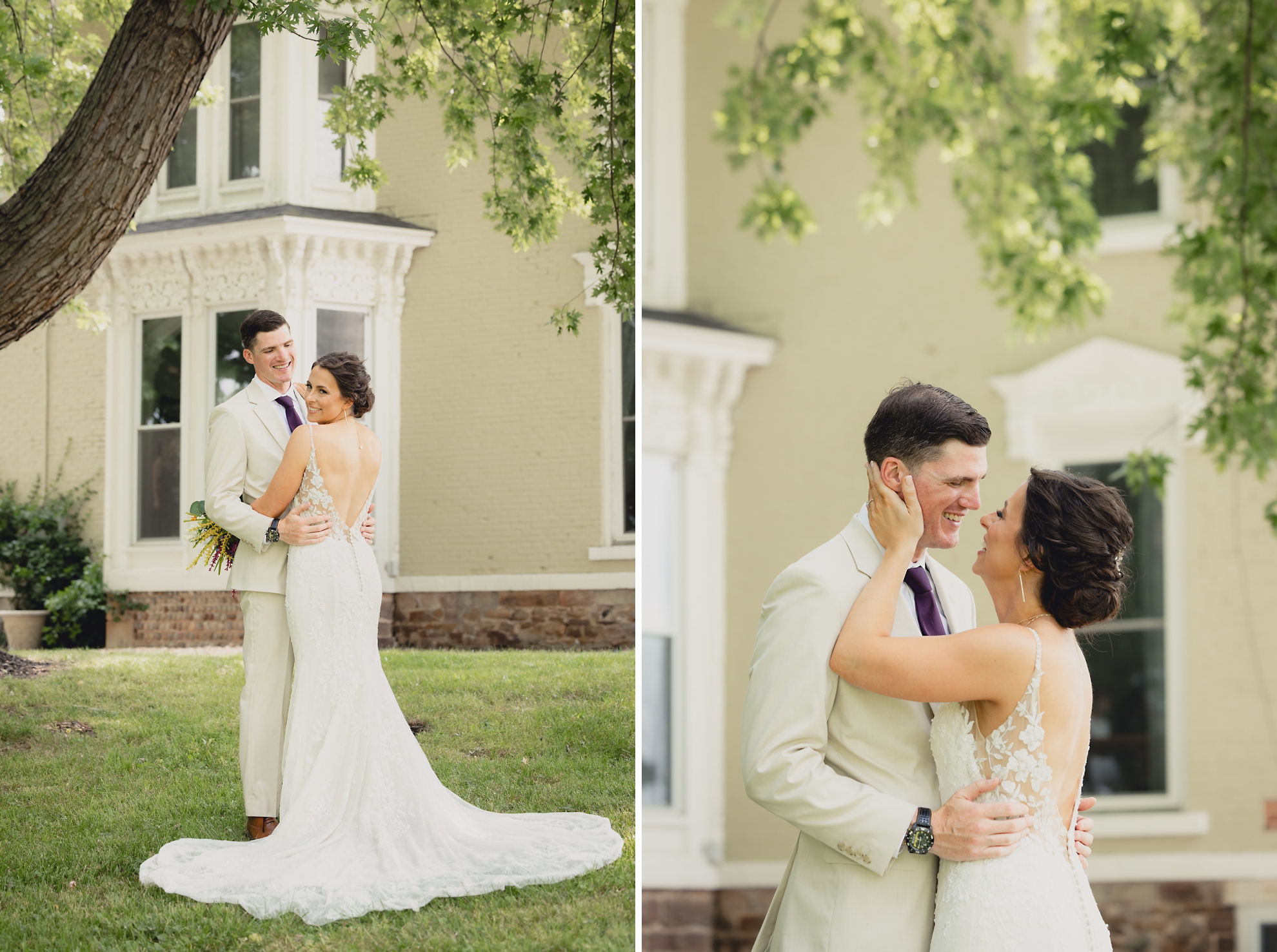 bride and groom pose for wedding photography portrait outside historic house at The Gallagher Barn in Medina, NY