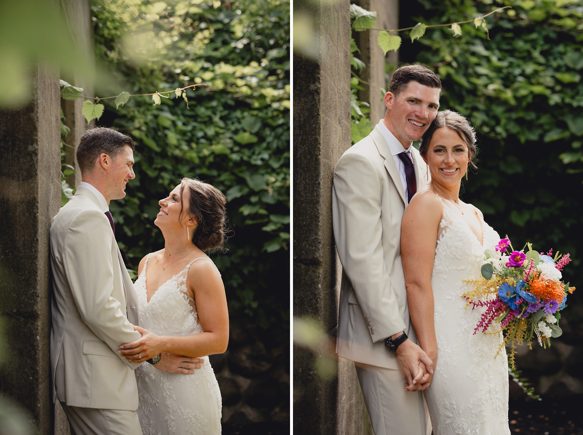 bride and groom pose for wedding photography portrait outside The Gallagher Barn in Medina, NY