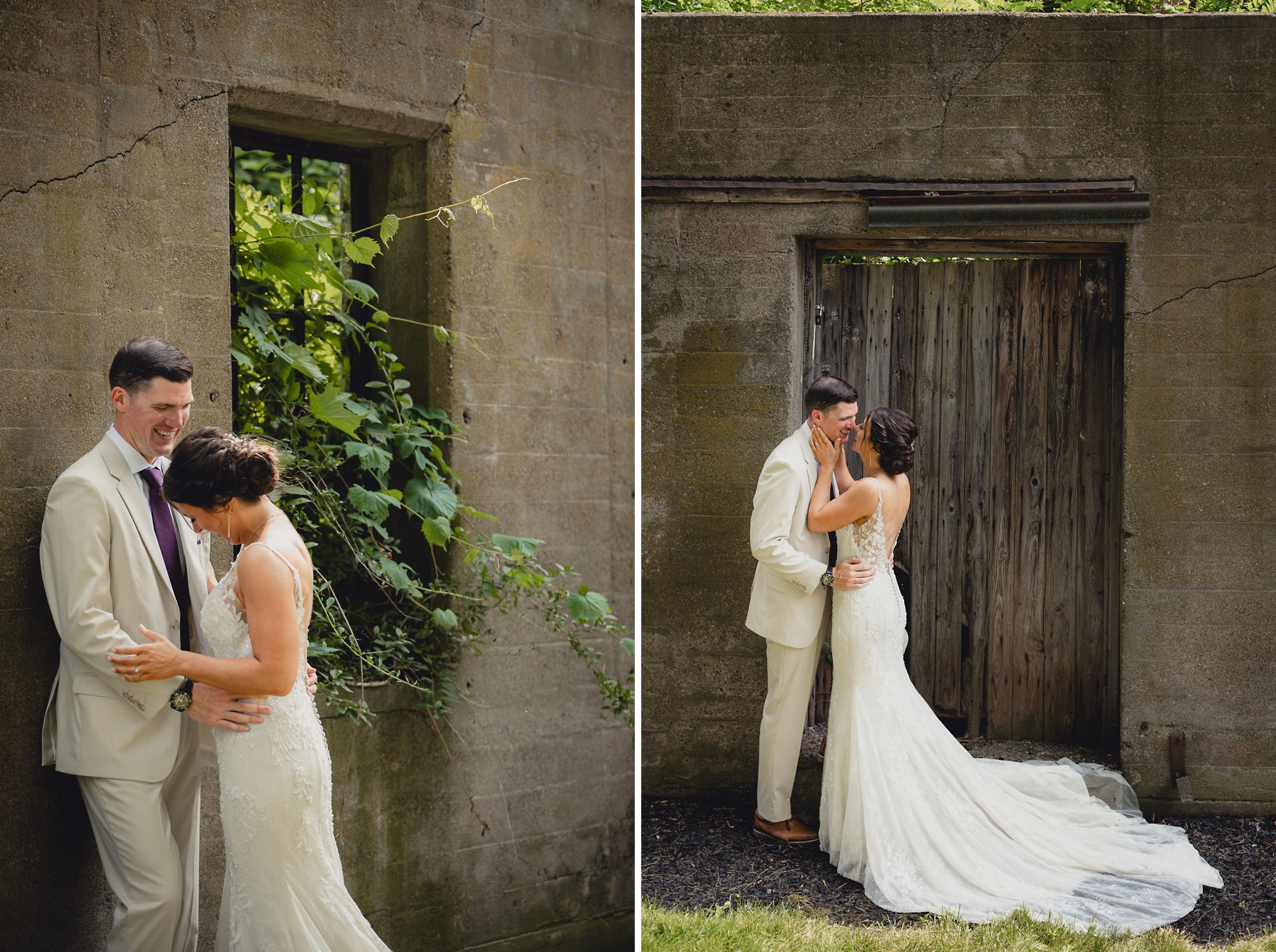 bride and groom pose for wedding photography portrait outside The Gallagher Barn in Medina, NY