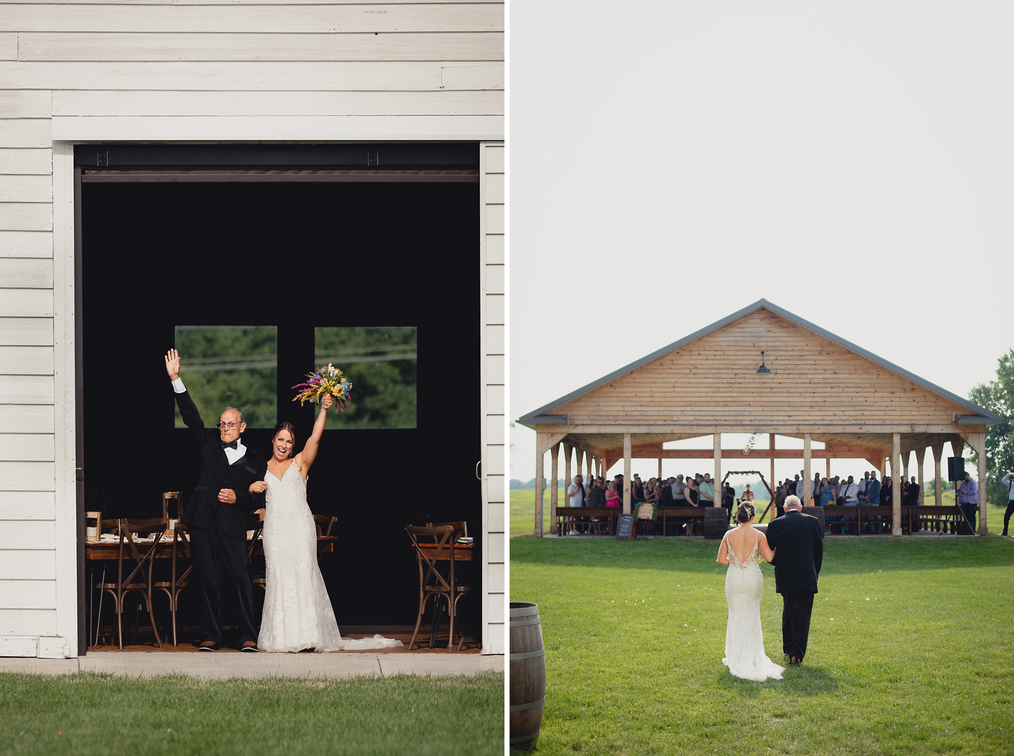 bride and dad cheer while walking down aisle during wedding ceremony at The Gallagher Barn in Medina, NY