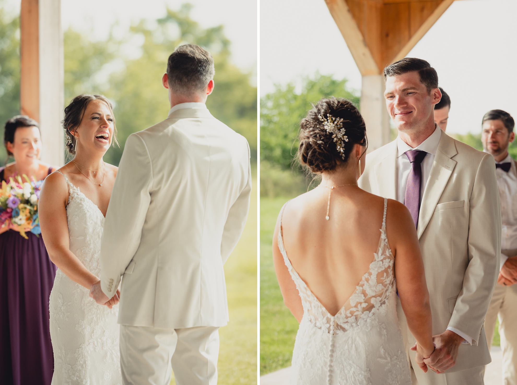 bride and groom smile at one another during wedding ceremony at The Gallagher Barn in Medina, NY