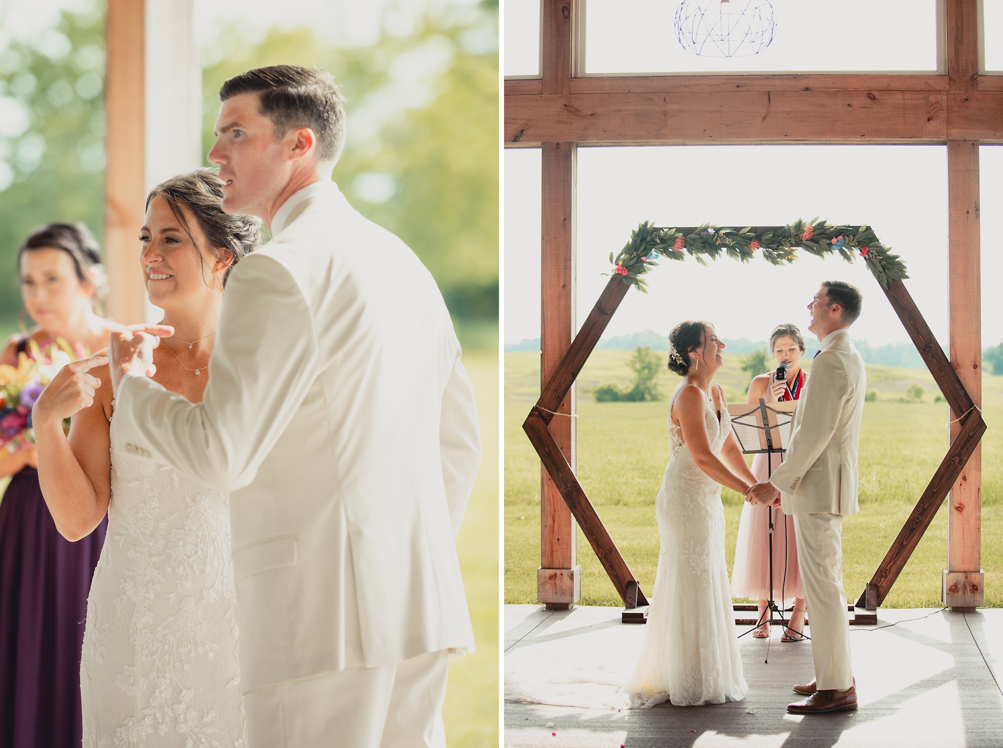 bride and groom laugh during wedding ceremony at The Gallagher Barn in Medina, NY