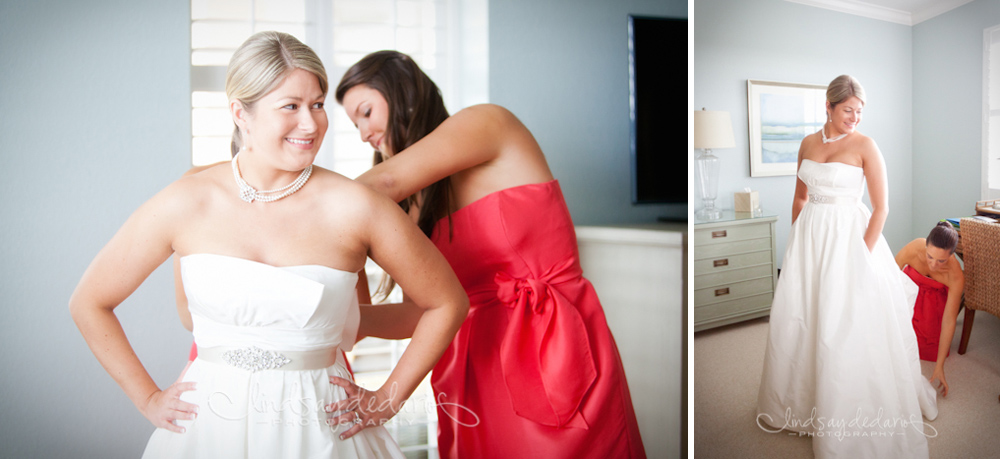 bridesmaid helps bride get ready in condo before destination wedding on Gasparilla Island Boca Grande, FL