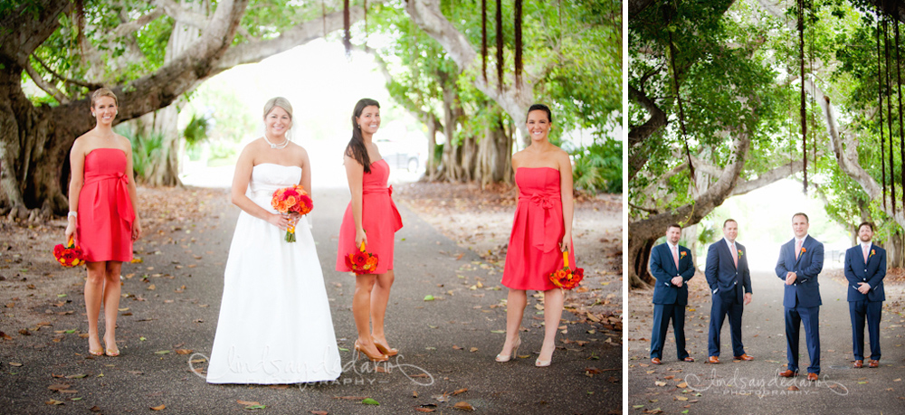 wedding party poses for photographer under banyan trees after destination wedding ceremony on Gasparilla Island Boca Grande, FL