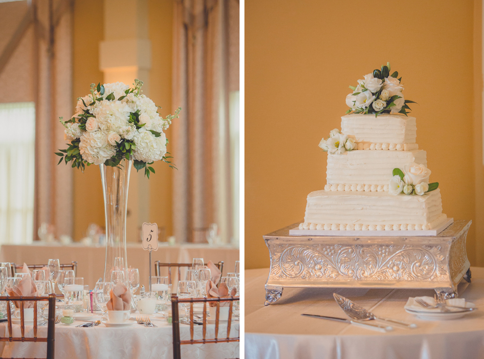center pieces, cake and other decor at ballroom wedding reception venue at the Avanti Mansion in WNY 