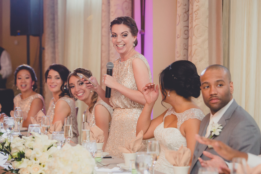 maid of honor delivers speech at ballroom wedding reception at the Avanti Mansion in WNY 
