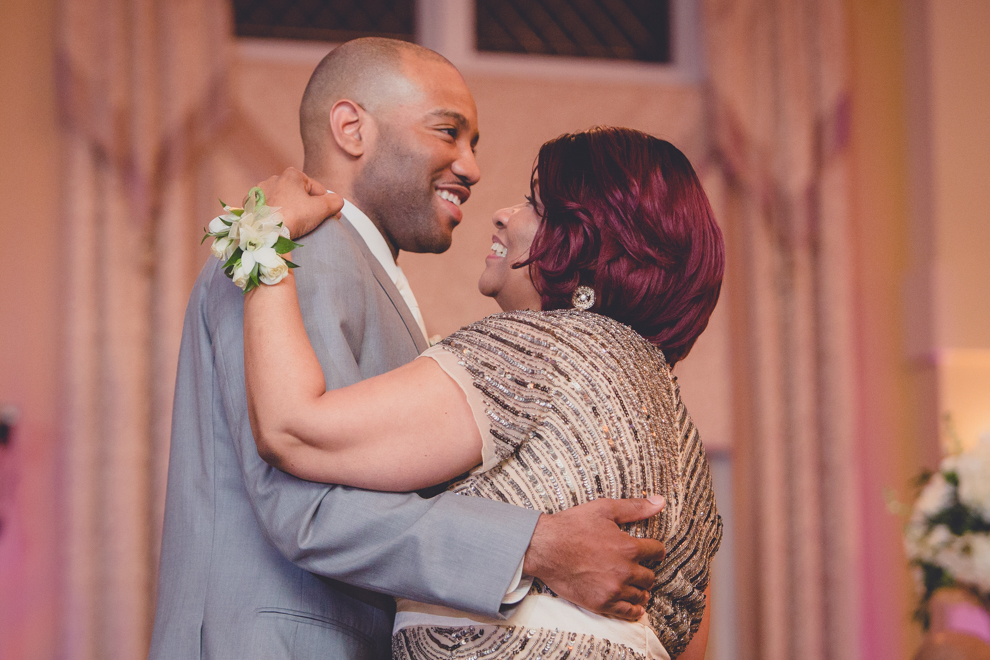 groom dances with mother at ballroom wedding reception at the Avanti Mansion in WNY 