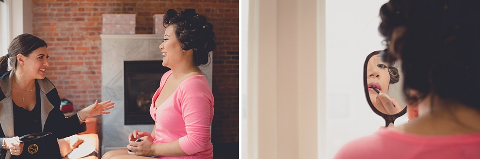 bride prepares for wedding in hotel room at Webb Lofts on Pearl St. in Buffalo, NY