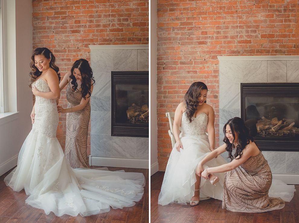 bride prepares for wedding in hotel room at Webb Lofts on Pearl St. in Buffalo, NY