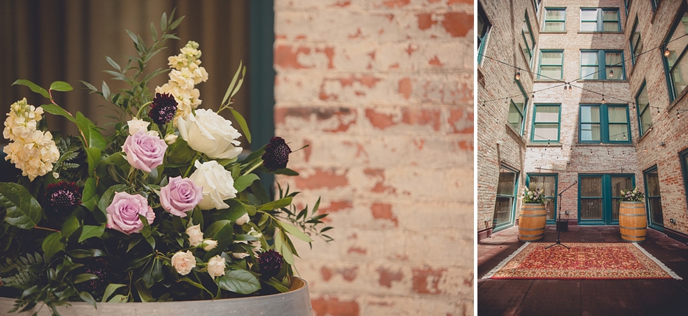 williams florist details from whimsical urban woodland themed wedding ceremony at webb lofts, lafayette hotel, pearl st brewery in Buffalo, NY