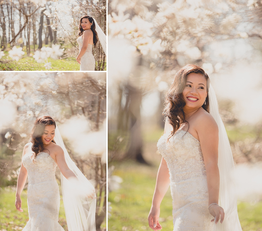 photography of bride among spring blossoms at whimsical urban woodland themed wedding in buffalo, ny at webb lofts, lafayette hotel, pearl st brewery
