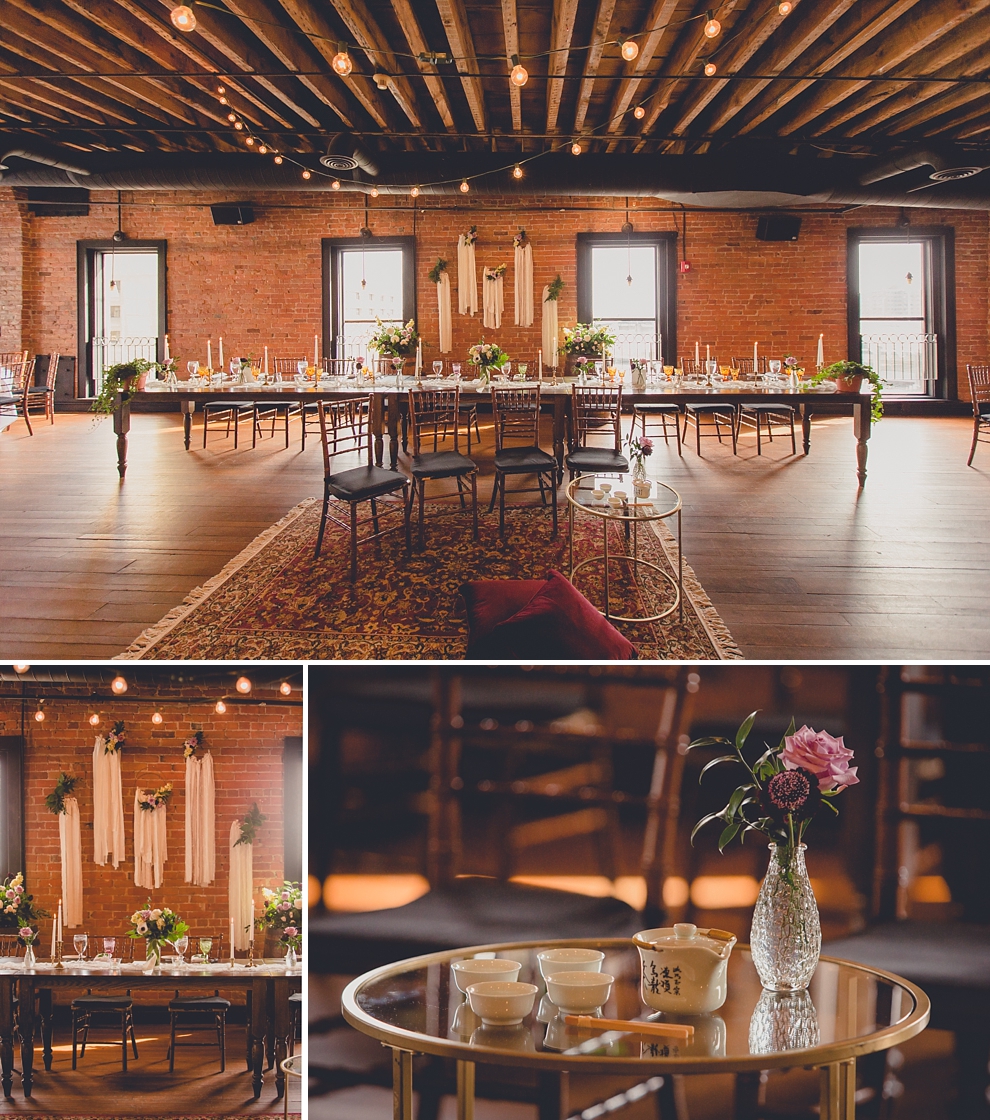 whimsical spring wedding details from Quaint Rentals and William's Florist at pearl st grill and brewery in Buffalo, NY