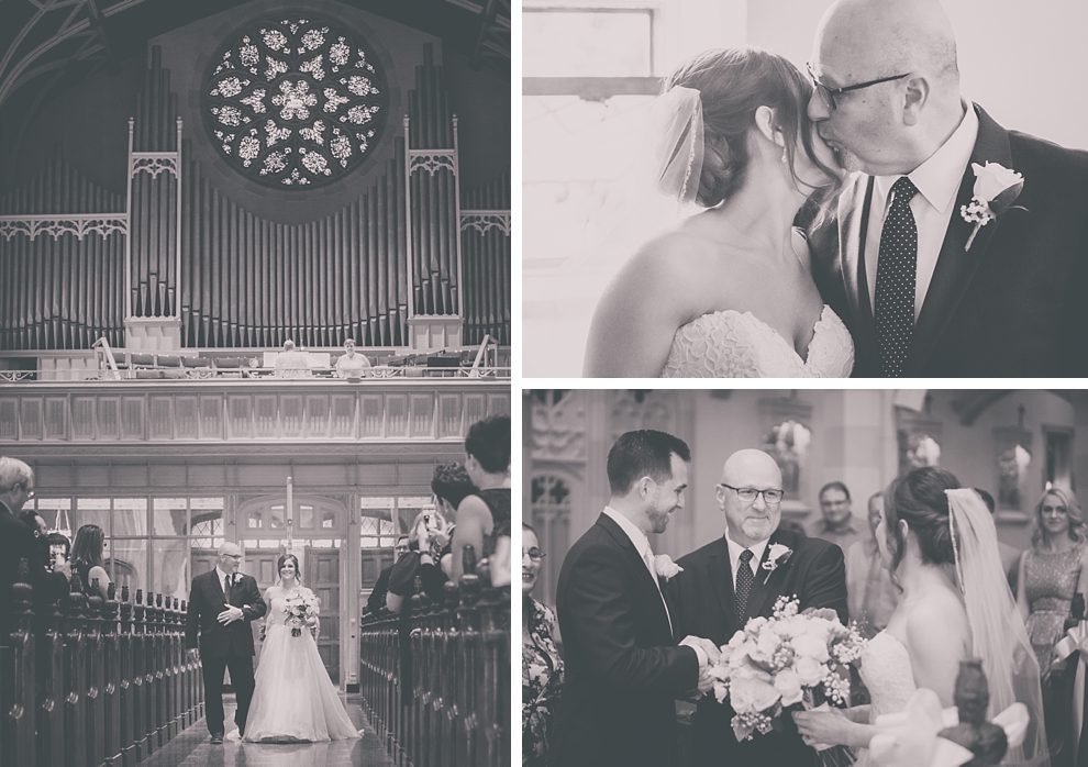 father walks bride down aisle during wedding at St. Joseph's University Parish Church in Buffalo, NY