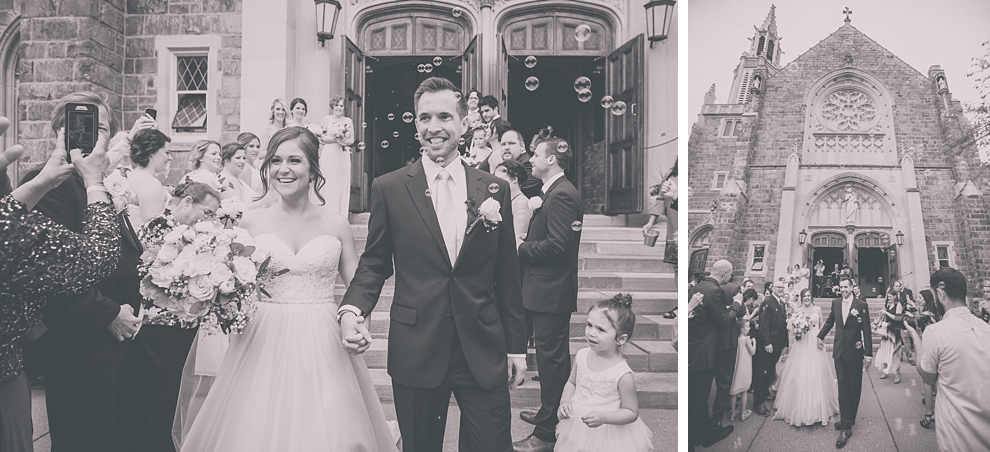 bride and groom exit church during wedding at St. Joseph's University Parish Church in Buffalo, NY