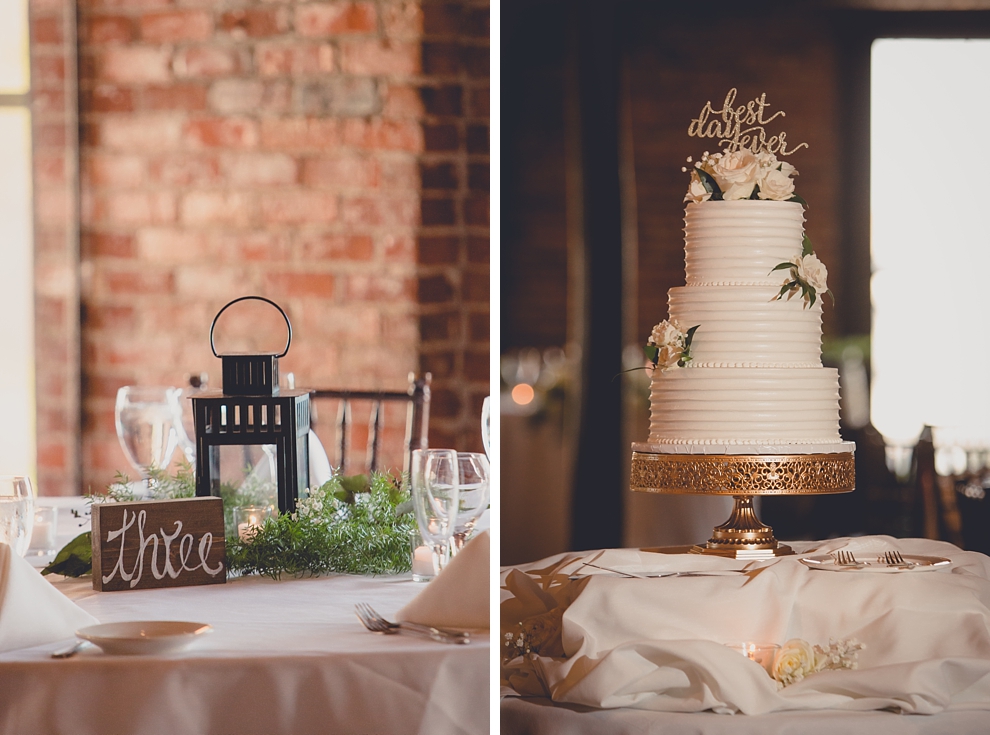 place settings and cake at wedding at Pearl Street Grill and Brewery in Buffalo, NY