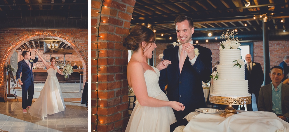 bride and groom enter and eat cake at wedding at Pearl Street Grill and Brewery in Buffalo, NY