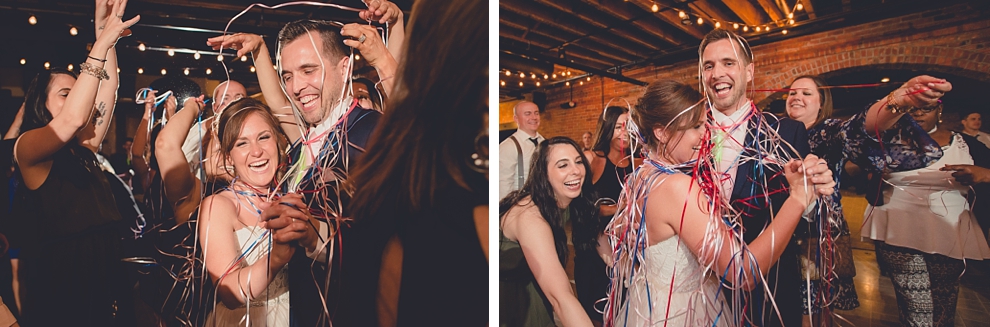 bride and groom dance with ribbon wrapped around them at wedding at Pearl St. Grill and Brewery in Buffalo, NY