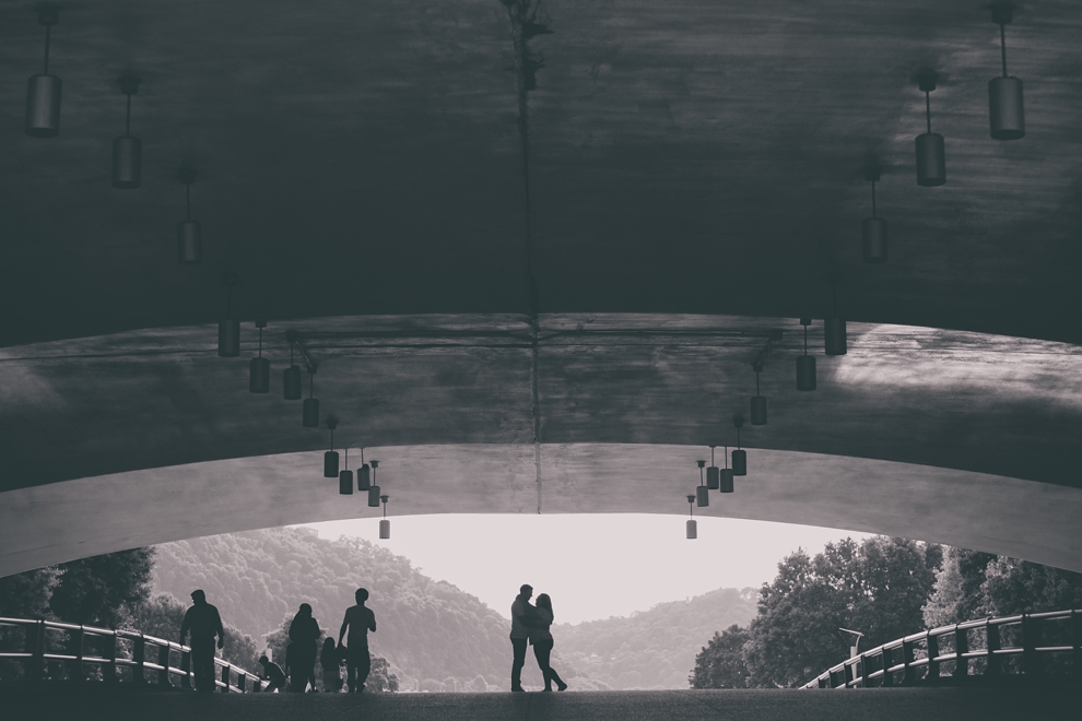 black and white photograph of engaged couple look at one another under bride in Point Park in Pittsburgh