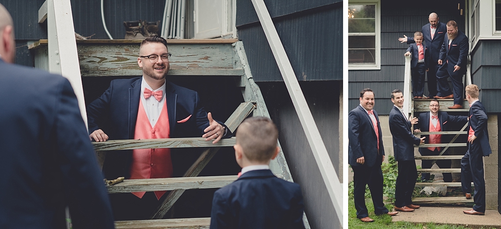 groomsman fallen through deck stairs before garden wedding ceremony at Samuel's Grande Manor near Buffalo, NY