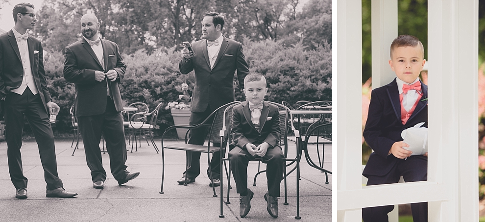 ring bearer relaxing before garden wedding ceremony at Samuel's Grande Manor near Buffalo, NY