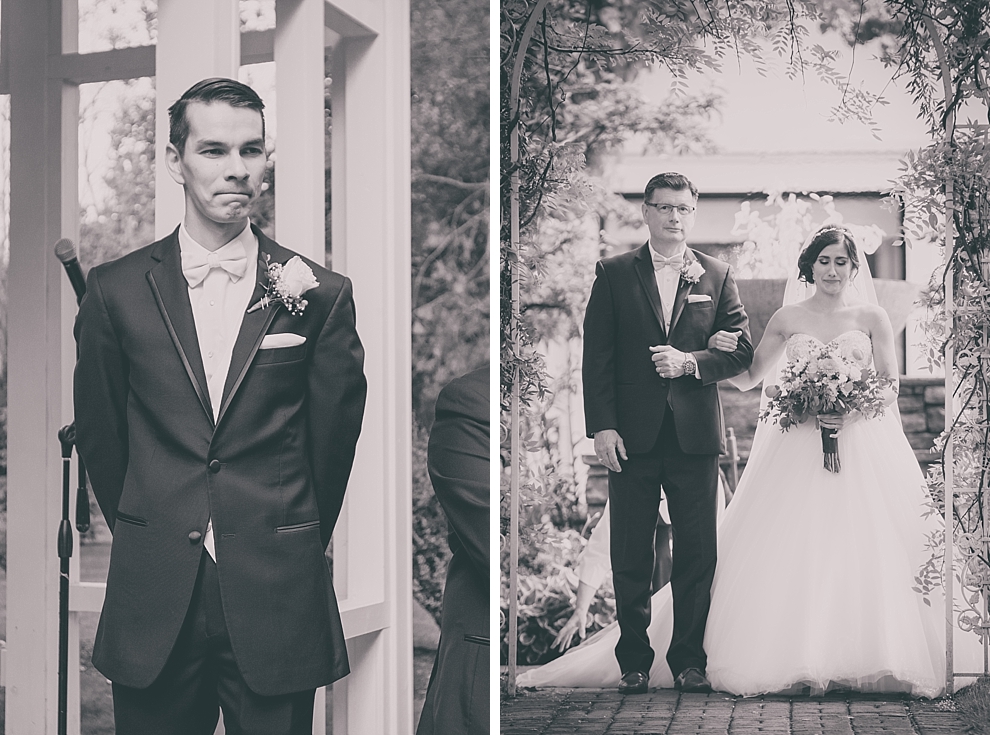 bride walks down aisle as groom reacts during wedding ceremony at Samuel's Grande Manor near Buffalo, NY