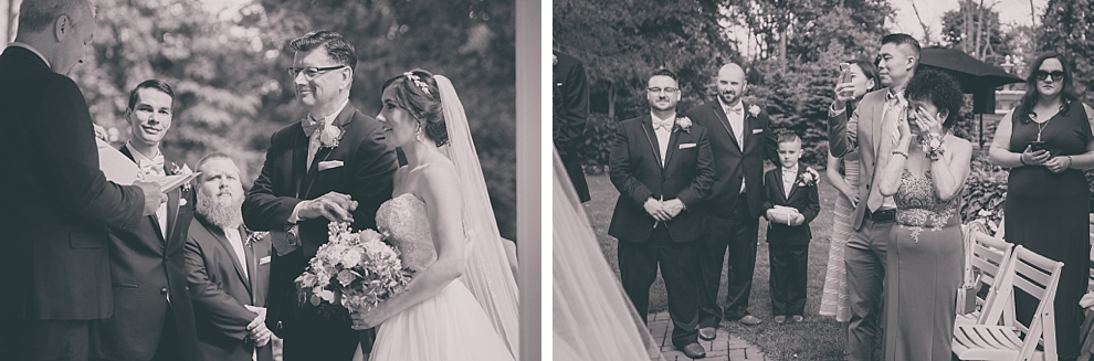 father giving bride away during garden wedding ceremony at Samuel's Grande Manor near Buffalo, NY