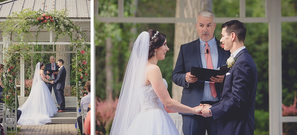 bride and groom exchange vows during garden wedding ceremony at Samuel's Grande Manor near Buffalo, NY