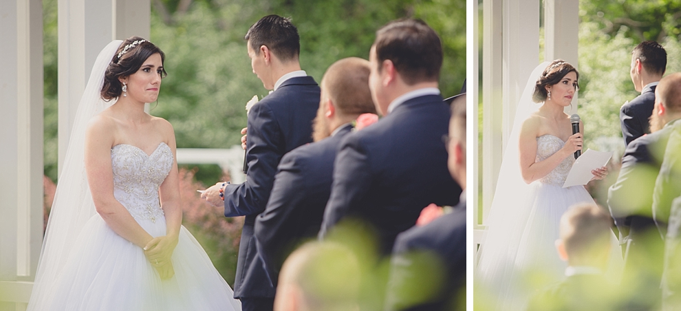 bride and groom exchange vows during garden wedding ceremony at Samuel's Grande Manor near Buffalo, NY