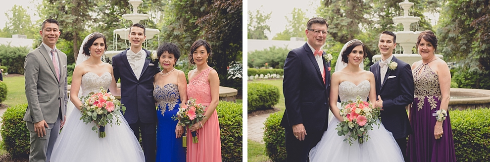 families pose for portraits after garden wedding ceremony at Samuel's Grande Manor near Buffalo, NY