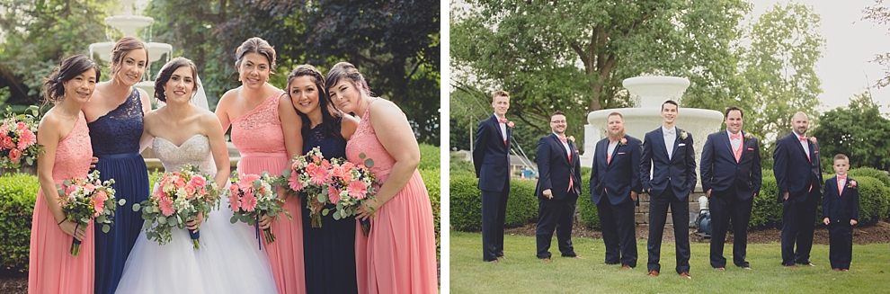 bridal party poses for portraits after garden wedding ceremony at Samuel's Grande Manor near Buffalo, NY