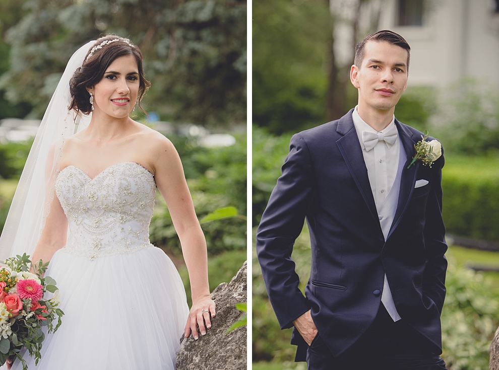 bride and groom pose for portraits after garden wedding ceremony at Samuel's Grande Manor near Buffalo, NY