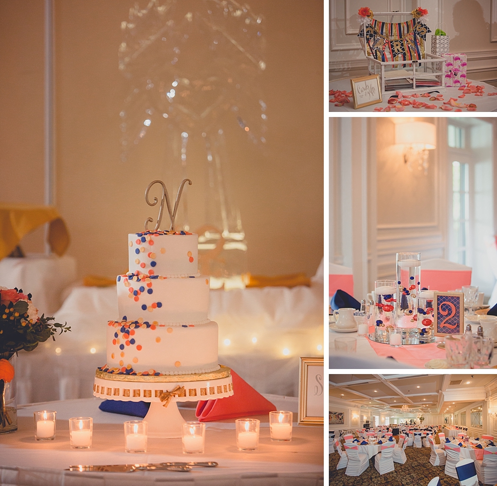detail photos of room, cake, card box and center piecesduring wedding reception at Samuel's Grande Manor near Buffalo, NY