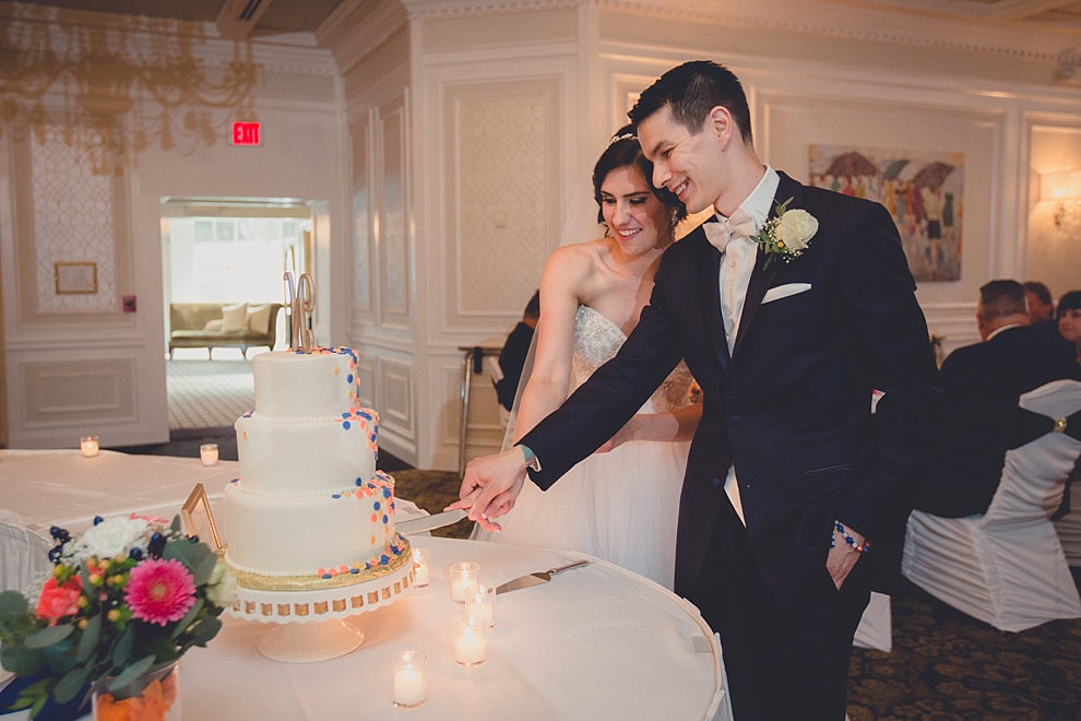 bride and groom cut cake during wedding reception at Samuel's Grande Manor near Buffalo, NY
