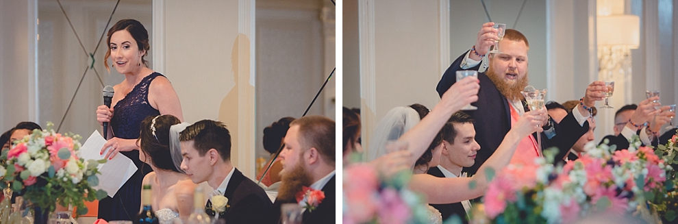 best man and maid of honor deliver speechesduring wedding reception at Samuel's Grande Manor near Buffalo, NY