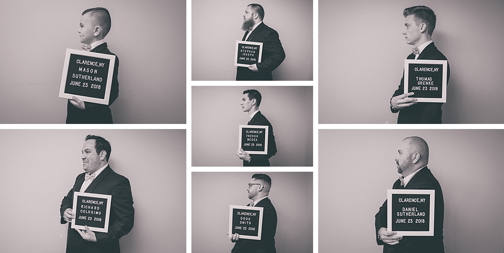 mugshots of groomsmen before garden wedding ceremony at Samuel's Grande Manor near Buffalo, NY